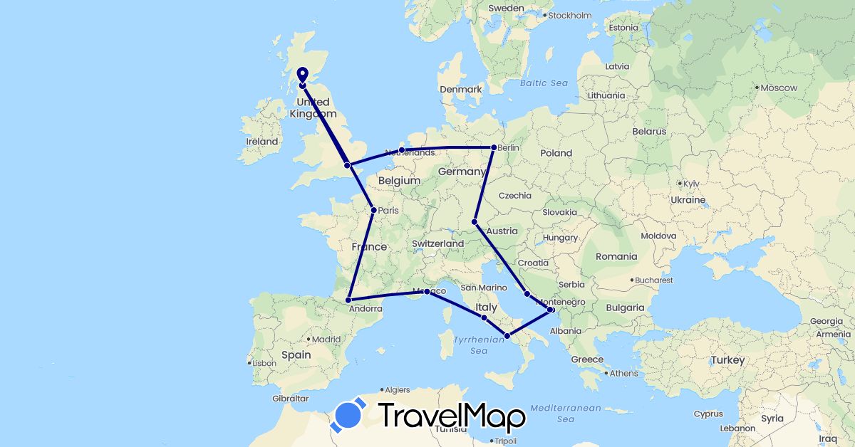 TravelMap itinerary: driving in Germany, France, United Kingdom, Croatia, Italy, Montenegro, Netherlands (Europe)
